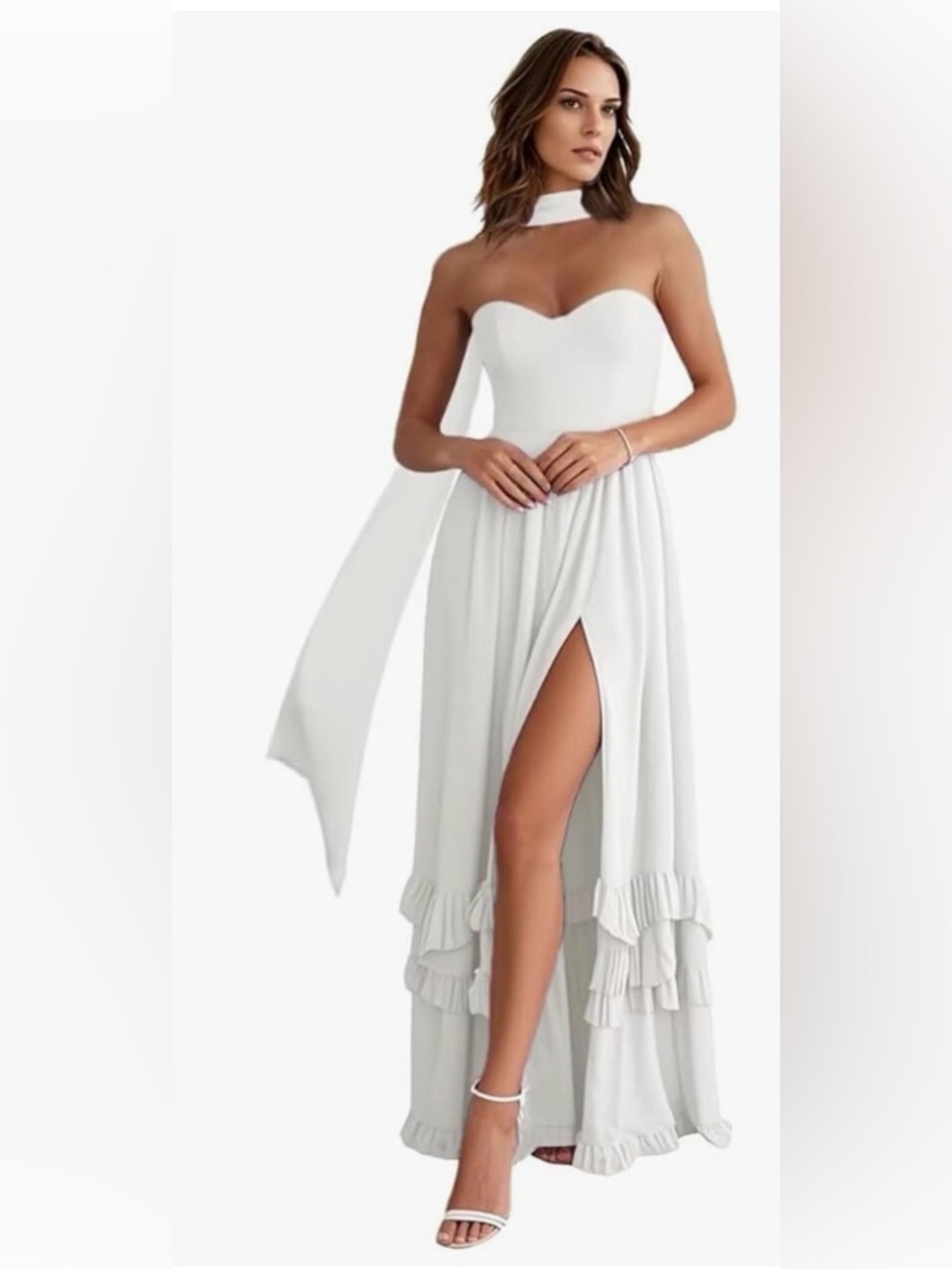 Strapless White High-Slit Ruffle Maxi Dress